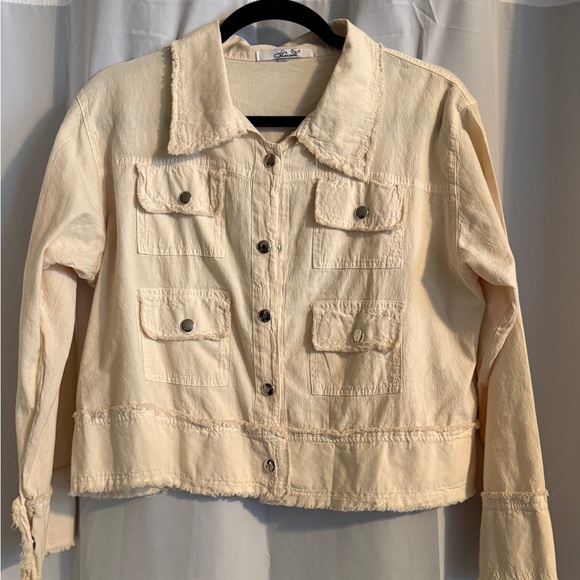 Jackets & Blazers - Giocam Cream Frayed Utility Jacket 100% Cotton Peru Cropped
